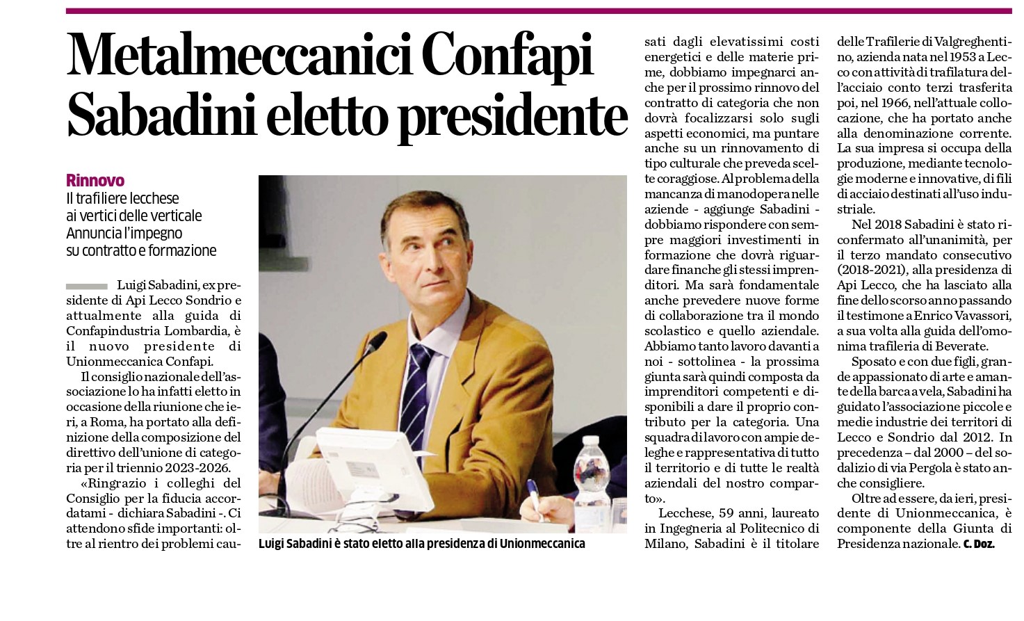 Sabadini presidente Unionmeccanica: rassegna stampa